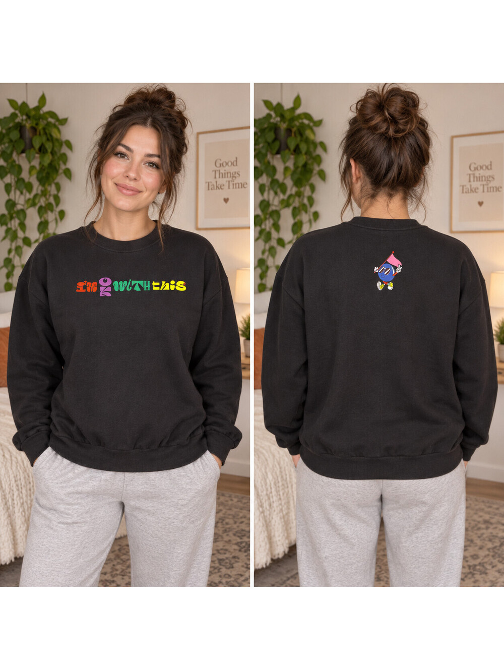 Zara I'm OK With This Sweatshirt Womens L Black Rainbow Graphic Casual Colorful